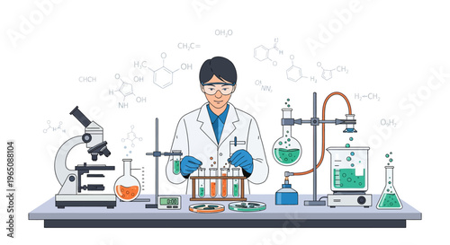 Scientist Working in Laboratory with Scientific Equipment and Chemical Formulas