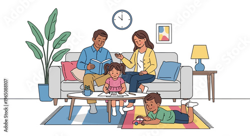 Happy Family Reading and Playing Together in Cozy Living Room