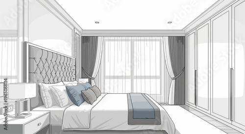 Modern Bedroom Interior Design Sketch with Large Window and Wardrobe