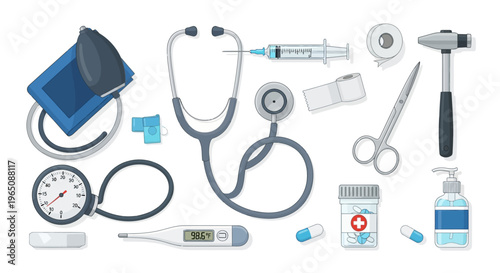 Medical Equipment Set: Stethoscope, Syringe, Blood Pressure Monitor, Thermometer, Scissors