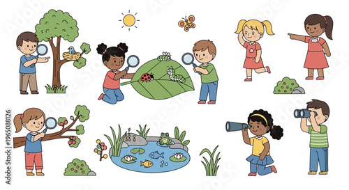 Diverse children exploring nature with magnifying glasses and binoculars, observing insects and birds