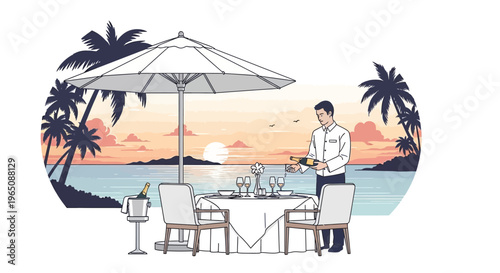 Waiter serving champagne at a romantic beachside dinner table at sunset
