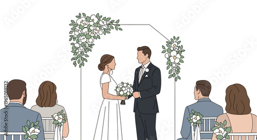 Wedding Ceremony Illustration: Couple Exchanging Vows Under Floral Arch with Guests