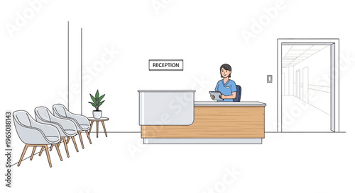 Nurse at reception desk in modern clinic waiting area with chairs and hallway