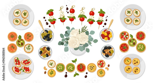 Gourmet Appetizer Platter Assortment with Flowers and Olives Overhead View