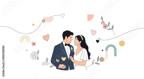 Romantic Couple Wedding Illustration: Bride and Groom in Elegant Attire with Abstract Floral Decor