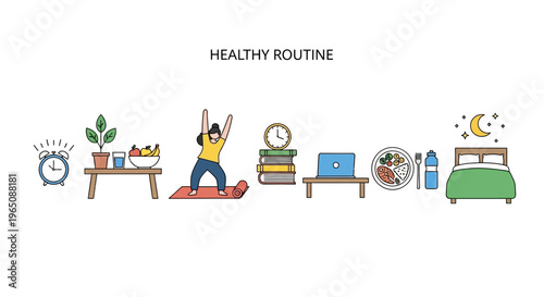 Healthy Lifestyle Routine Icons: Wake Up, Exercise, Study, Work, Eat Healthy, Sleep