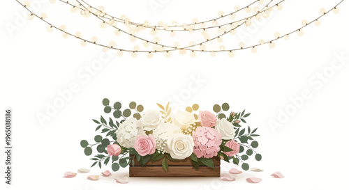 Romantic Floral Arrangement with Twinkling String Lights and Petals
