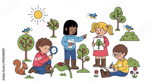 Diverse kids learning about nature and trees outdoors with magnifying glass, drawing, and observing.