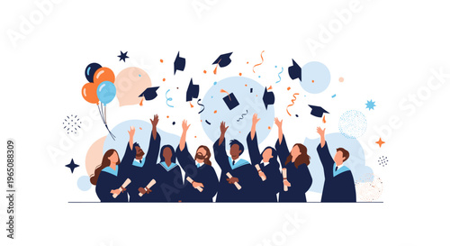 Diverse Graduates Celebrate Graduation Toss Caps Balloons Confetti