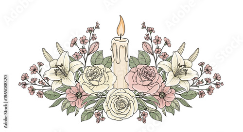 Romantic Floral Arrangement with Candle Light, Vintage Roses, Lilies, and Delicate Flowers