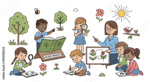 Children Learning Nature Science Outdoors with Teacher, Illustration