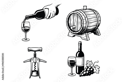 Black and white of wine serving and barrel with corkscrew and bottle hand