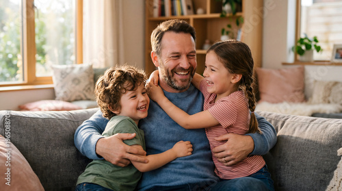 Happy smiling father hugging his young son and daughter on a gray sofa in a brightly lit, cozy living room. Heartwarming family bonding.