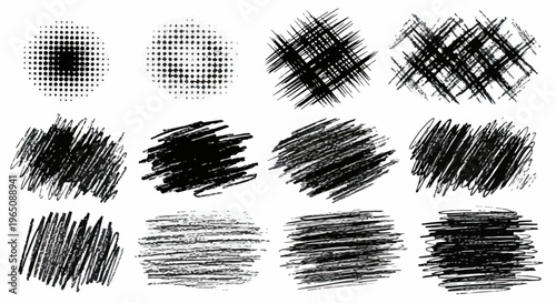 Coleção de texturas de rabiscos feitos à mão com caneta preta, incluindo tons de meio-tom e hachuras cruzadas para design gráfico artístico e criativo.
