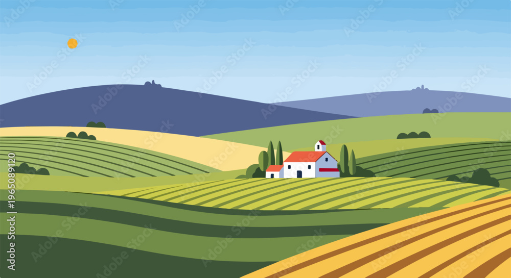 Naklejka premium Ilustração vetorial plana de uma paisagem rural com colinas onduladas verdes, uma pequena fazenda branca e montanhas sob o céu azul ensolarado.