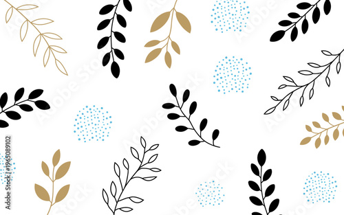 Minimalist botanical pattern with black gold and blue leaves white background leaf