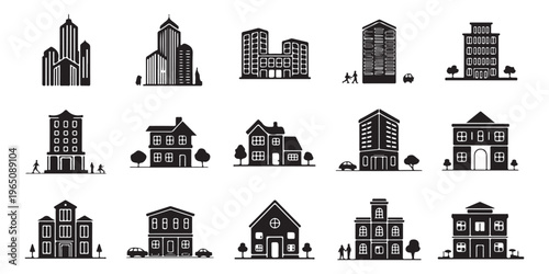 Skyscraper and apartment building icons set including urban architecture silhouettes vector