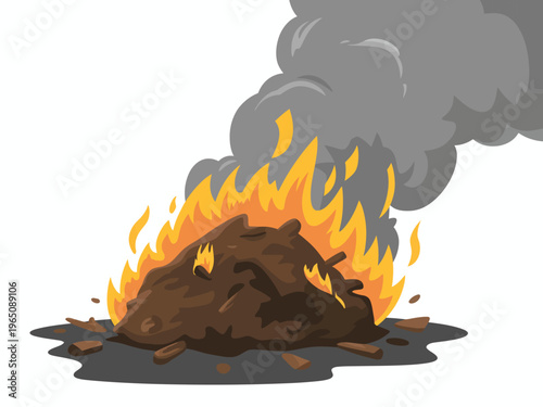 Pile of brown organic burning with bright orange flames and dark gray smoke fire