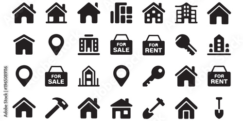 Residential house and commercial building icons with for sale and rent advertising boards