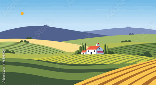 Ilustração vetorial plana de uma paisagem rural com colinas onduladas verdes, uma pequena fazenda branca e montanhas sob o céu azul ensolarado.