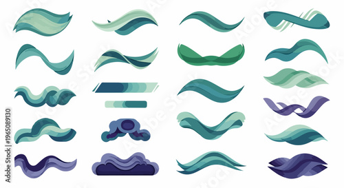 Coleção de elementos gráficos abstratos com formas onduladas e pinceladas em tons de verde, azul e roxo para design moderno e criativo.