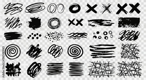Coleção de rabiscos pretos feitos à mão com caneta marcadora, incluindo espirais, cruzes, hachuras e texturas abstratas em fundo transparente.