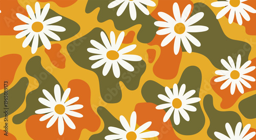 Estampa contínua de margaridas brancas em estilo psicodélico dos anos 60 e 70 com cores vibrantes como laranja, verde oliva e amarelo mostarda.