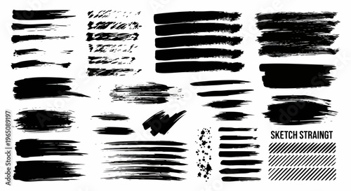Coleção de pinceladas de tinta preta e traços de pincel seco em fundo branco, ideal para design gráfico, arte abstrata e elementos de textura rústica.
