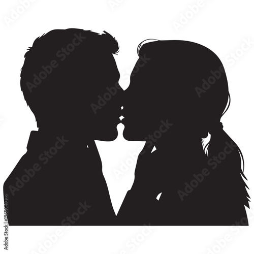 Profile silhouette of a man and woman kissing in a romantic embrace isolated on white background