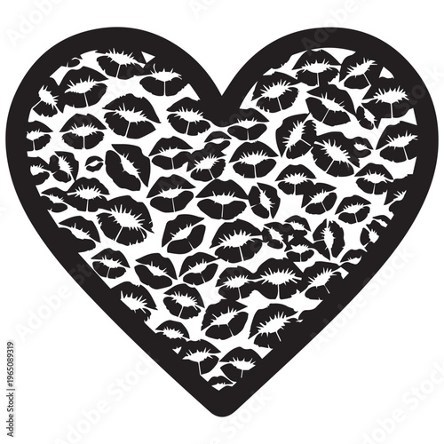 Heart shape filled with black lipstick kiss marks pattern print on white background