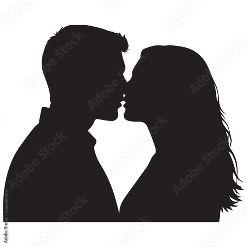 Romantic couple silhouette kissing in profile view on white background for valentine design