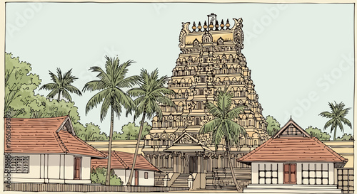 Ilustração de um templo hindu tradicional com um gopuram majestoso cercado por palmeiras e casas rurais na Índia meridional sob um céu claro.