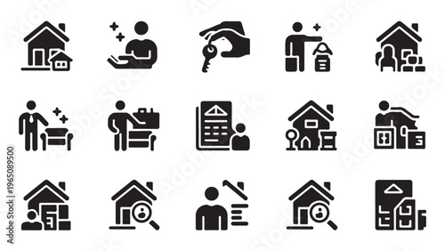 Real estate business vector icons set illustrating people and processes related to buying and selling