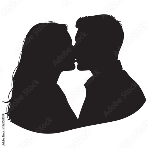 Silhouette profile of a romantic couple kissing against a white background for love concept
