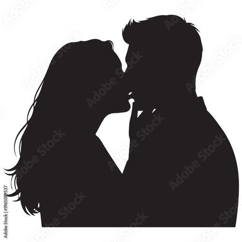 Tender silhouette of loving couple in profile sharing a romantic kiss isolated on white background