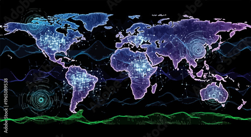 Mapa múndi digital com conexões globais e redes de dados em tons de azul e roxo sobre fundo preto futurista e tecnológico.