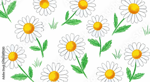 Ilustração de margaridas brancas com miolo amarelo desenhadas à mão com giz de cera em estilo artístico infantil sobre fundo branco limpo.