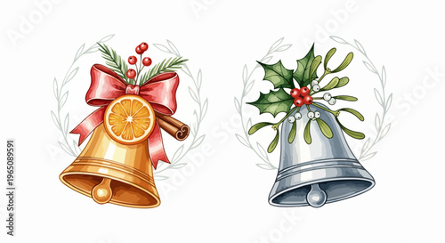 Ilustração em aquarela de dois sinos de Natal, um dourado com laço vermelho e laranja, e outro prateado com azevinho e visco sobre fundo branco.