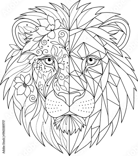 Minimalist lion face duality tattoo art, floral and geometric vector, "Created with AI assistance and manually refined."