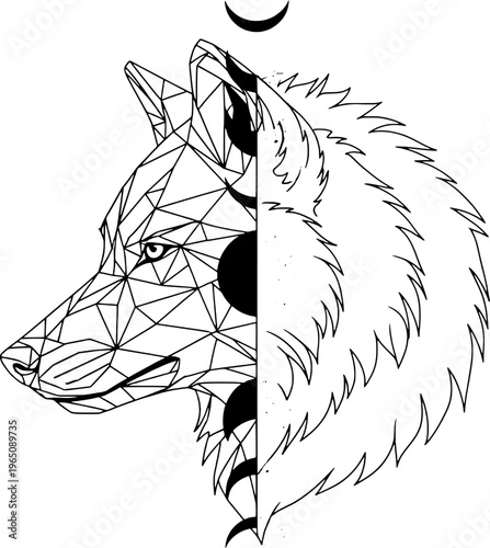 Celestial wolf silhouette line art, modern tribal animal vector, "Created with AI assistance and manually refined."