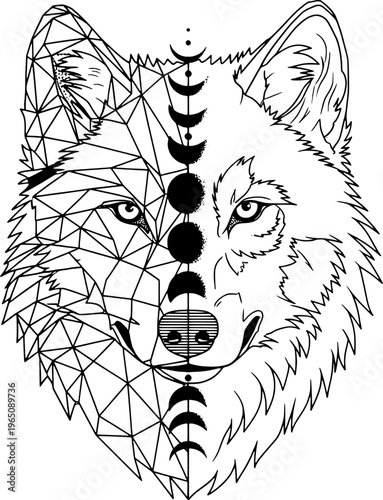 Minimalist geometric wolf head and moon phases tattoo art, "Created with AI assistance and manually refined."