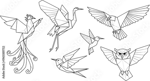Clean outline geometric paper bird symbols collection, "Created with AI assistance and manually refined."