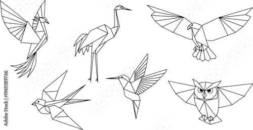 Minimalist origami bird flight tattoo icon set, "Created with AI assistance and manually refined."