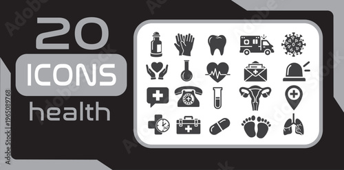 Set of 20 Health and Medical Care Black Glyph Icons Vector Illustration