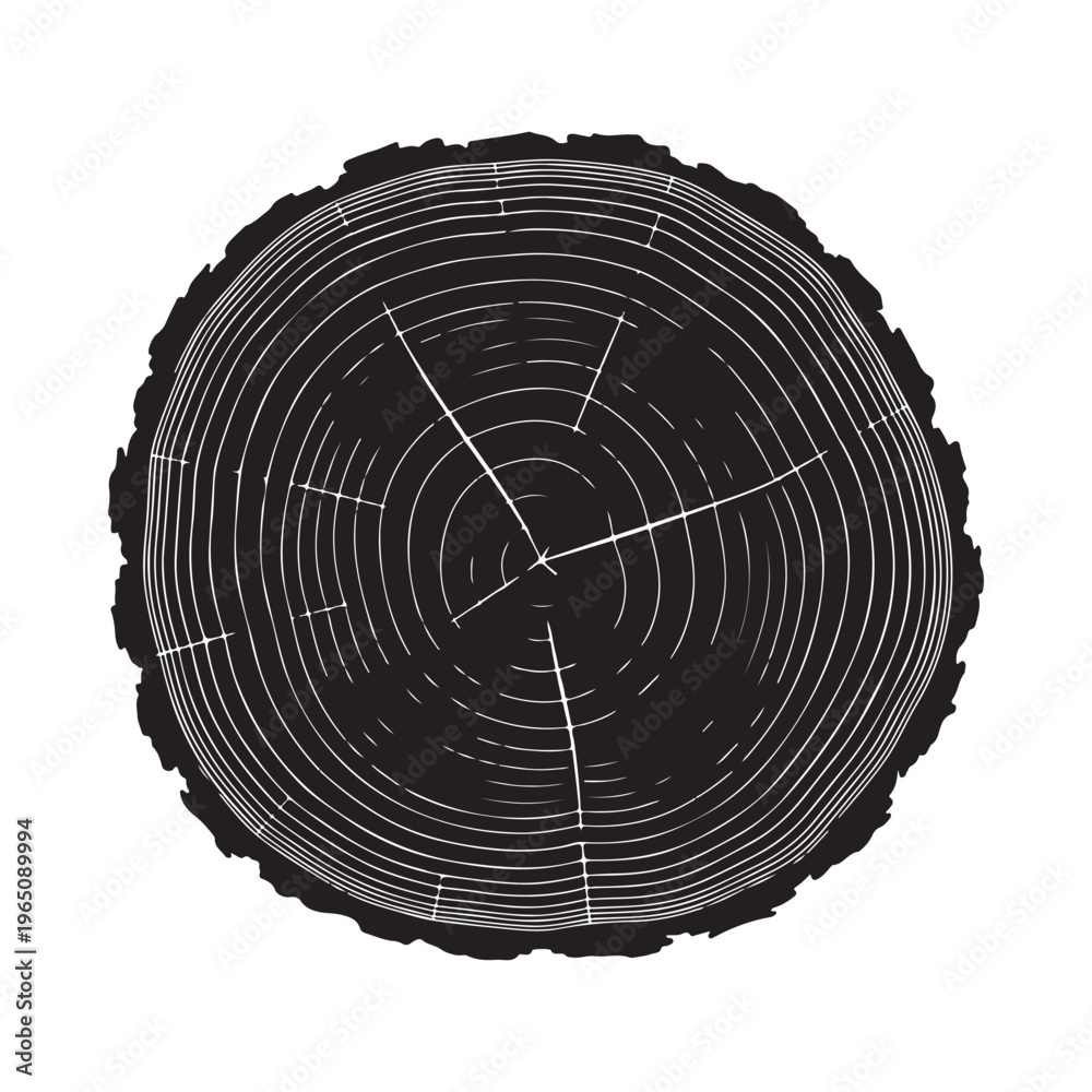 Fototapeta premium Tree trunk cross-section with annual rings and cracks silhouette