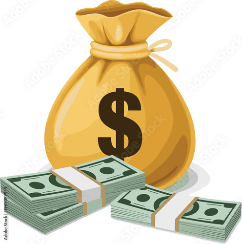 Money bag with dollar sign and cash stacks illustration representing wealth savings finance and investment concepts for business design