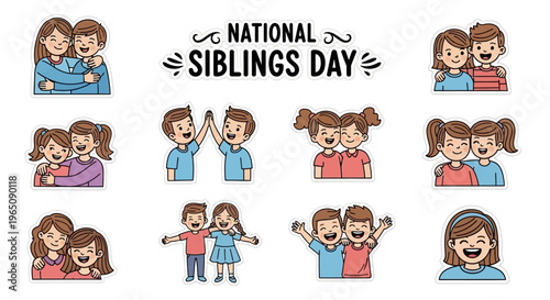 Illustrations of siblings together on National Siblings Day, featuring cartoon-style brother and sister relationships with various expressions and interactions on a white background.