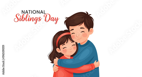 Illustration of a happy brother and sister embracing on National Siblings Day with colorful design elements.