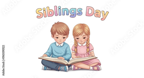 Illustration of a boy and girl reading together on Siblings Day with colorful text, conveying sibling love and bonding in a graphic design.